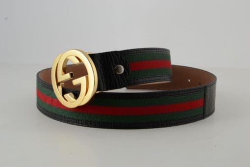 Gucci Red Green Stripe Belt with Gold Buckle