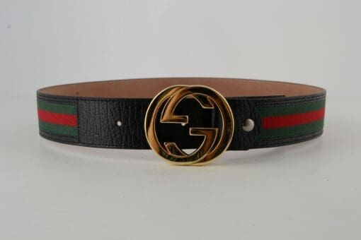 Gucci Red Green Stripe Belt with Gold Buckle